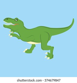 Vector illustration of a mean tyrannosaurs rex t rex dinosaur. Dino. Cute cartoon  green dinosaur on blue background