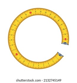 Vector illustration measure tape circle frame isolated on white background. Yellow measuring tape background in flat style. Measuring tool template.