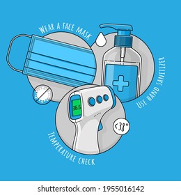 Ilustración vectorial de las medidas para combatir y prevenir la pandemia y el coronavirus epidémico. LLEVE UNA MÁSCARA, UTILICE SANITIZADOR DE MANO, COMPROBACIÓN DE TEMPERATURA con termómetro no de contacto. Infografías médicas.