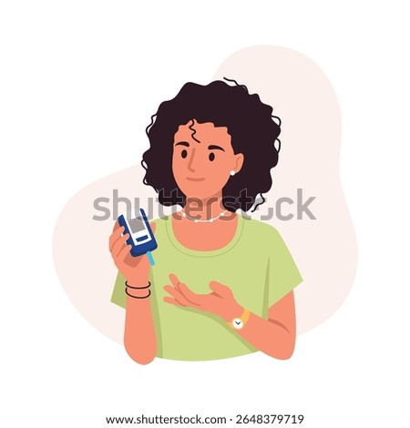 Vector illustration of measuring blood sugar level. Cartoon scene girl determines a sharp increase in sugar level with a glucometer isolated on white background. Taking blood from a finger. Diabetes.