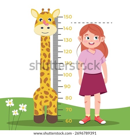 Vector illustration of measuring height of a little girl. Cartoon scene of smiling girl standing near ruler for measuring height, grass, flowers isolated on white background. Giraffe height gauge.