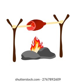 Vector illustration of meat being roasted over a fire on rocks, primitive concept
