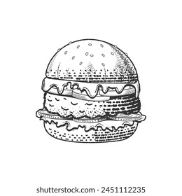 Vector illustration of a meat burger with onion, tomato, lettuce. Isolated on a white background. The style of a vintage black and white engraving.For the design of the menu, website, poster.