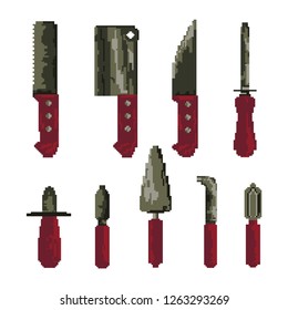 Vector illustration meat cutting knives set. Kitchen knives. Pixel art illustration