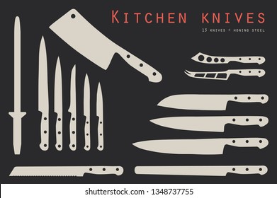 Vector illustration meat cutting knives set. Set of butcher meat knives for butcher shop and design butcher themes.