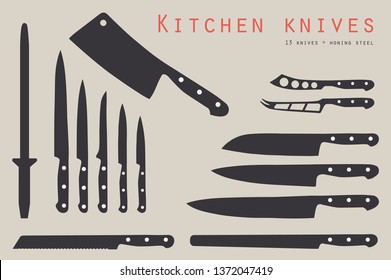 Vector illustration meat cutting knives set. Set of butcher meat knives for butcher shop and design butcher themes.