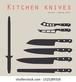 Vector illustration meat cutting knives set. Set of butcher meat knives for butcher shop and design butcher themes.
