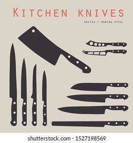 Vector illustration meat cutting knives set. Set of butcher meat knives for butcher shop and design butcher themes.