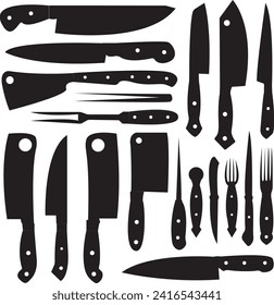 Ilustración vectorial de cuchillos de corte de carne. Conjunto de cuchillos de carne de carnicero para carnicería y diseño temas de carnicería.