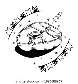 Ilustración vectorial con carne. Aislado sobre un fondo blanco. Ilustraciones de garabatos.