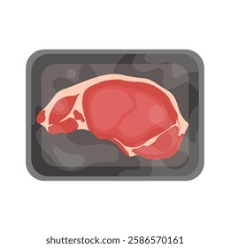 Vector illustration of meat packaging in cartoon flat style. Pack meat products. Frozen ground meat, pork and steaks, raw butcher shop food flat vector illustration set. Meat packed in plastic tray