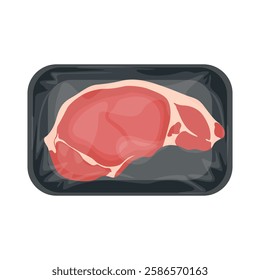 Vector illustration of meat packaging in cartoon flat style. Pack meat products. Frozen ground meat, pork and steaks, raw butcher shop food flat vector illustration set. Meat packed in plastic tray