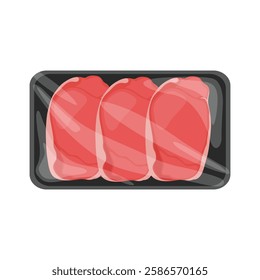 Vector illustration of meat packaging in cartoon flat style. Pack meat products. Frozen ground meat, pork and steaks, raw butcher shop food flat vector illustration set. Meat packed in plastic tray