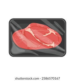 Vector illustration of meat packaging in cartoon flat style. Pack meat products. Frozen ground meat, pork and steaks, raw butcher shop food flat vector illustration set. Meat packed in plastic tray