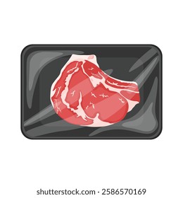 Vector illustration of meat packaging in cartoon flat style. Pack meat products. Frozen ground meat, pork and steaks, raw butcher shop food flat vector illustration set. Meat packed in plastic tray