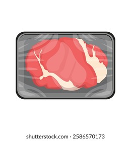 Vector illustration of meat packaging in cartoon flat style. Pack meat products. Frozen ground meat, pork and steaks, raw butcher shop food flat vector illustration set. Meat packed in plastic tray