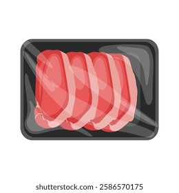 Vector illustration of meat packaging in cartoon flat style. Pack meat products. Frozen ground meat, pork and steaks, raw butcher shop food flat vector illustration set. Meat packed in plastic tray