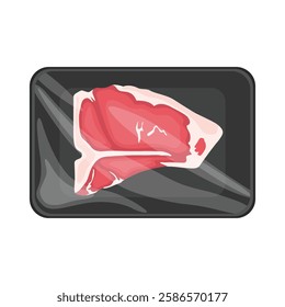 Vector illustration of meat packaging in cartoon flat style. Pack meat products. Frozen ground meat, pork and steaks, raw butcher shop food flat vector illustration set. Meat packed in plastic tray