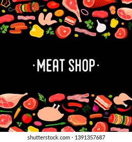 Vector illustration of meat poster, banner with farm beef, ham and vegetables. Fresh products in cartoon flat style for bbq, barbecue party or steak house.