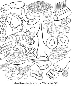 Vector illustration of meat product collection in line art mode