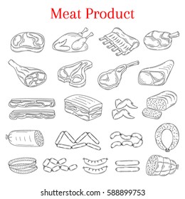 Vector  illustration of meat products beef steak, lamb chop, pork, chicken and sausages, isolated on white background, doodle sketch style.