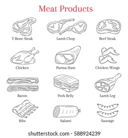 Vector  illustration of meat products beef steak, lamb chop, pork, chicken, bacon and sausages, isolated on white background, doodle sketch style.