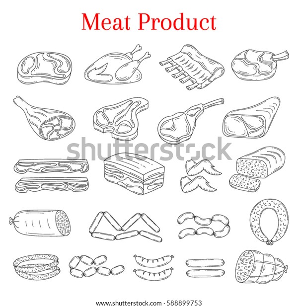 白い背景に肉製品の牛肉ステーキ ラム肉 豚肉 鶏肉 ソーセージ 落書きスケッチスタイルのベクターイラスト のベクター画像素材 ロイヤリティフリー