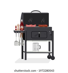 Vector illustration of meat, sauce, grill and other items for a barbecue party in a flat style. Barbecue grill food, barbecue meat, grill steak