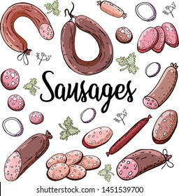 Vector illustration of meat sausages.
Hand-drawn illustration of a sausage on a white background. Meat products.