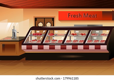 A Vector Illustration Of Meat Section In Grocery Store