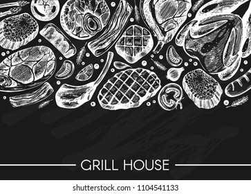 Vector illustration with meat - steak, chicken, beef, veal on the black background