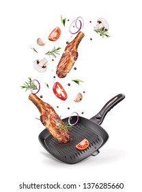 Vector illustration of meat steak in a pan with vegetables and salt