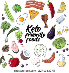Vector illustration with meats and vegetables, displaying keto friendly foods