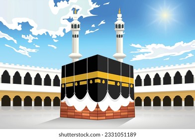 Vector illustration of mecca for hajj, al-haram mosque, kaaba in saudi arabia, on blue sky