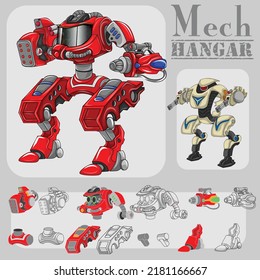 Vector illustration of mech hangar and  red fighter robot with separate components, suitable for animation and game design.
