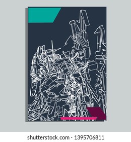Vector illustration. Mecha sacred geometry. Mecha mock-up isolated design. For t-shirt design, poster, sticker. Line Style. - Vector
