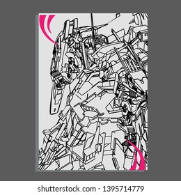 Vector illustration. Mecha sacred geometry. Mecha mock-up isolated design. For t-shirt design, poster, sticker. Line Style. - Vector