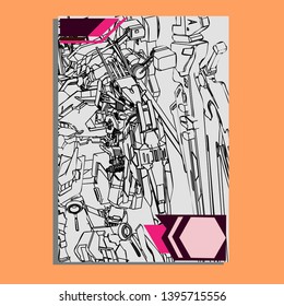 Vector illustration. Mecha sacred geometry. Mecha mock-up isolated design. For t-shirt design, poster, sticker. Line Style. - Vector