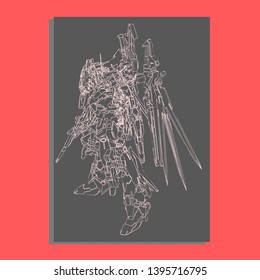 Vector illustration. Mecha sacred geometry. Mecha mock-up isolated design. For t-shirt design, poster, sticker. Line Style. - Vector