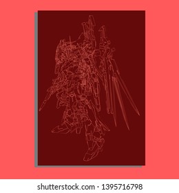 Vector illustration. Mecha sacred geometry. Mecha mock-up isolated design. For t-shirt design, poster, sticker. Line Style. - Vector