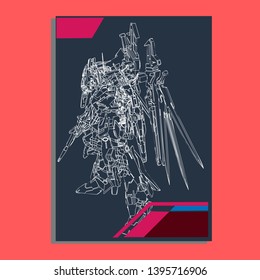 Vector illustration. Mecha sacred geometry. Mecha mock-up isolated design. For t-shirt design, poster, sticker. Line Style. - Vector