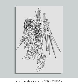 Vector illustration. Mecha sacred geometry. Mecha mock-up isolated design. For t-shirt design, poster, sticker. Line Style. - Vector