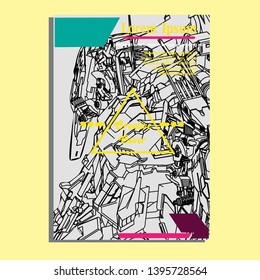 Vector illustration. Mecha sacred geometry. Mecha mock-up isolated design. For t-shirt design, poster, sticker. Line Style. - Vector