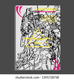 Vector illustration. Mecha sacred geometry. Mecha mock-up isolated design. For t-shirt design, poster, sticker. Line Style. - Vector