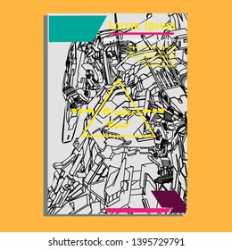 Vector illustration. Mecha sacred geometry. Mecha mock-up isolated design. For t-shirt design, poster, sticker. Line Style. - Vector