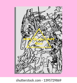 Vector illustration. Mecha sacred geometry. Mecha mock-up isolated design. For t-shirt design, poster, sticker. Line Style. - Vector