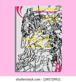 Vector illustration. Mecha sacred geometry. Mecha mock-up isolated design. For t-shirt design, poster, sticker. Line Style. - Vector