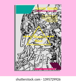 Vector illustration. Mecha sacred geometry. Mecha mock-up isolated design. For t-shirt design, poster, sticker. Line Style. - Vector