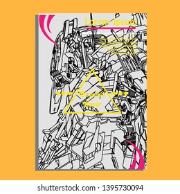 Vector illustration. Mecha sacred geometry. Mecha mock-up isolated design. For t-shirt design, poster, sticker. Line Style. - Vector