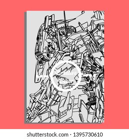 Vector illustration. Mecha sacred geometry. Mecha mock-up isolated design. For t-shirt design, poster, sticker. Line Style. - Vector